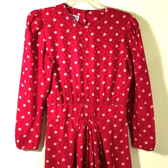 Vintage Y2K Maggy London Silk Midi Dress Women's Sz 6 Red Polka Dot Long Sleeve - Picture 11 of 16